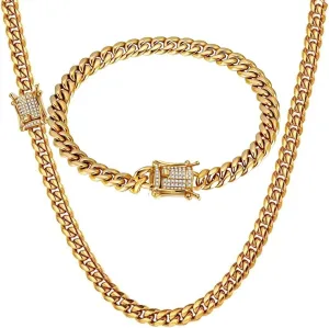 putouzip Miami Cuban Link Chain Set For Men 18K Gold Plated Stainless Steel 6mm Womens Bracelet Necklace Diamond Chains