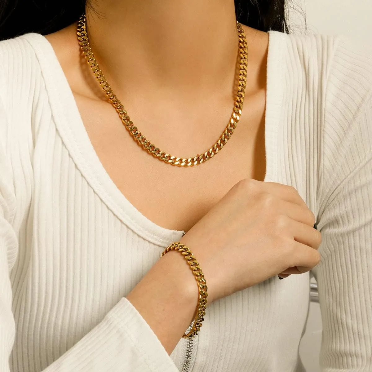 putouzip Miami Cuban Link Chain Set For Men 18K Gold Plated Stainless Steel 6mm Womens Bracelet Necklace Diamond Chains