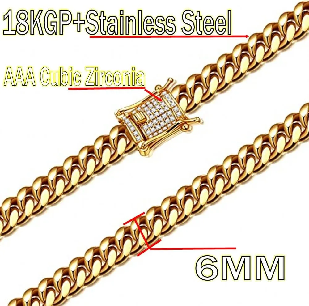 putouzip Miami Cuban Link Chain Set For Men 18K Gold Plated Stainless Steel 6mm Womens Bracelet Necklace Diamond Chains