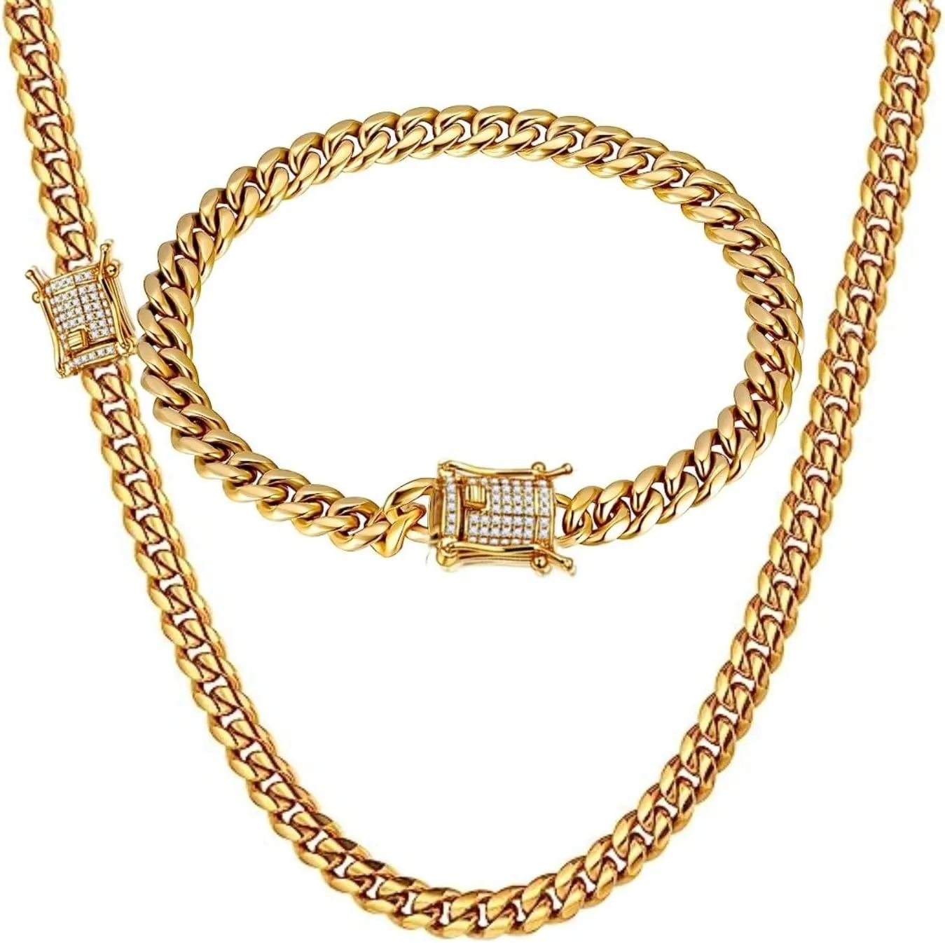 putouzip Miami Cuban Link Chain Set For Men 18K Gold Plated Stainless Steel 6mm Womens Bracelet Necklace Diamond Chains