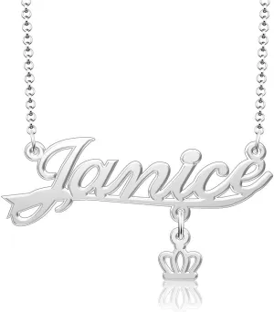 Q&Locket 925 Sterling Silver Classic Personalized Custom Name Necklace Script Initial Nameplate Necklaces Gifts for Womens JANICE crown