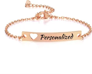 QINGDUO Personalized Charm Bracelet Link Chain Hollow Heart Shaped Curved Brand Bracelet Name Bracelet for Women Men Handmade Jewelry Best Friend Birthday Gift Friendship Bracelet,8MM Rose Gold Plated
