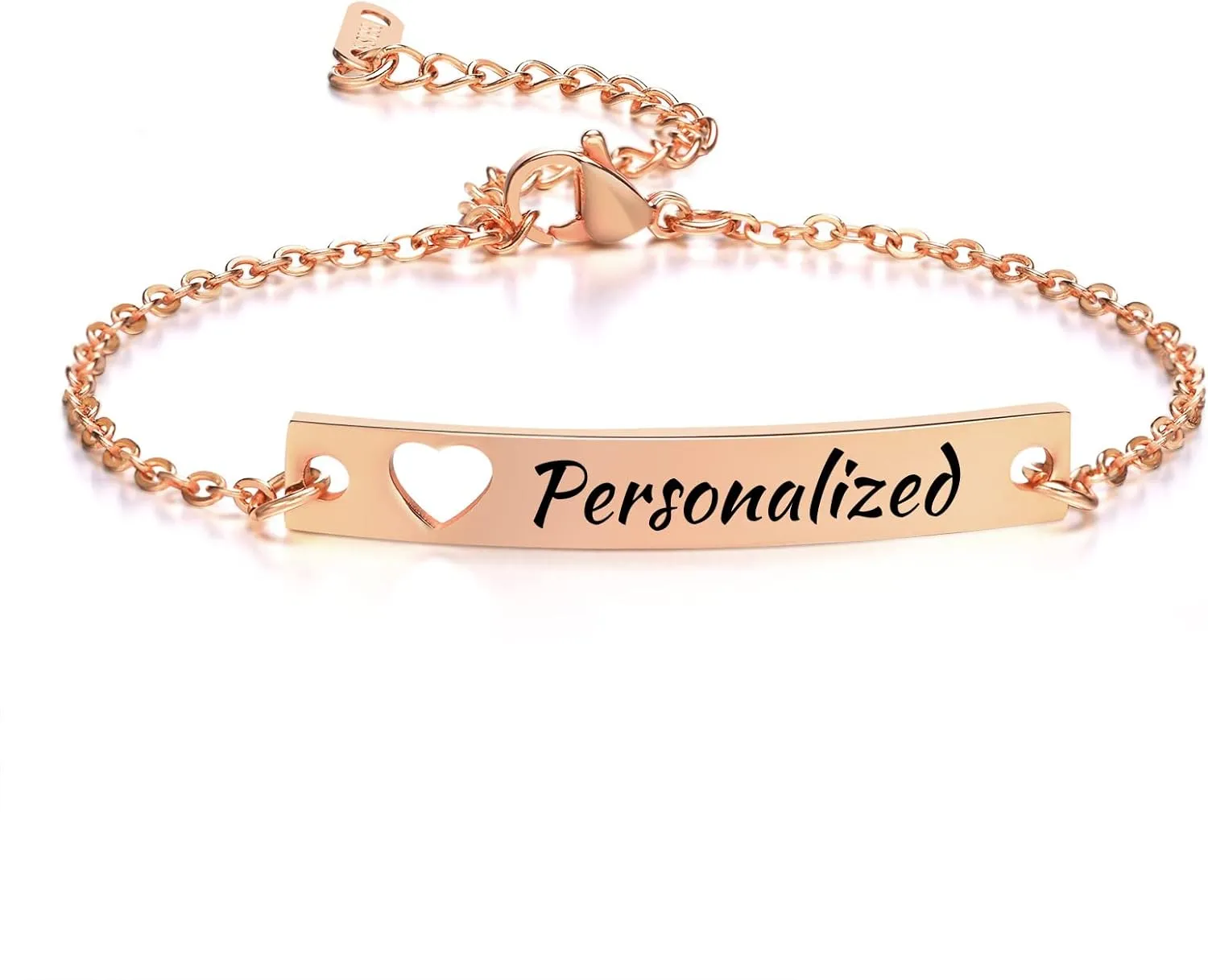 QINGDUO Personalized Charm Bracelet Link Chain Hollow Heart Shaped Curved Brand Bracelet Name Bracelet for Women Men Handmade Jewelry Best Friend Birthday Gift Friendship Bracelet,8MM Rose Gold Plated