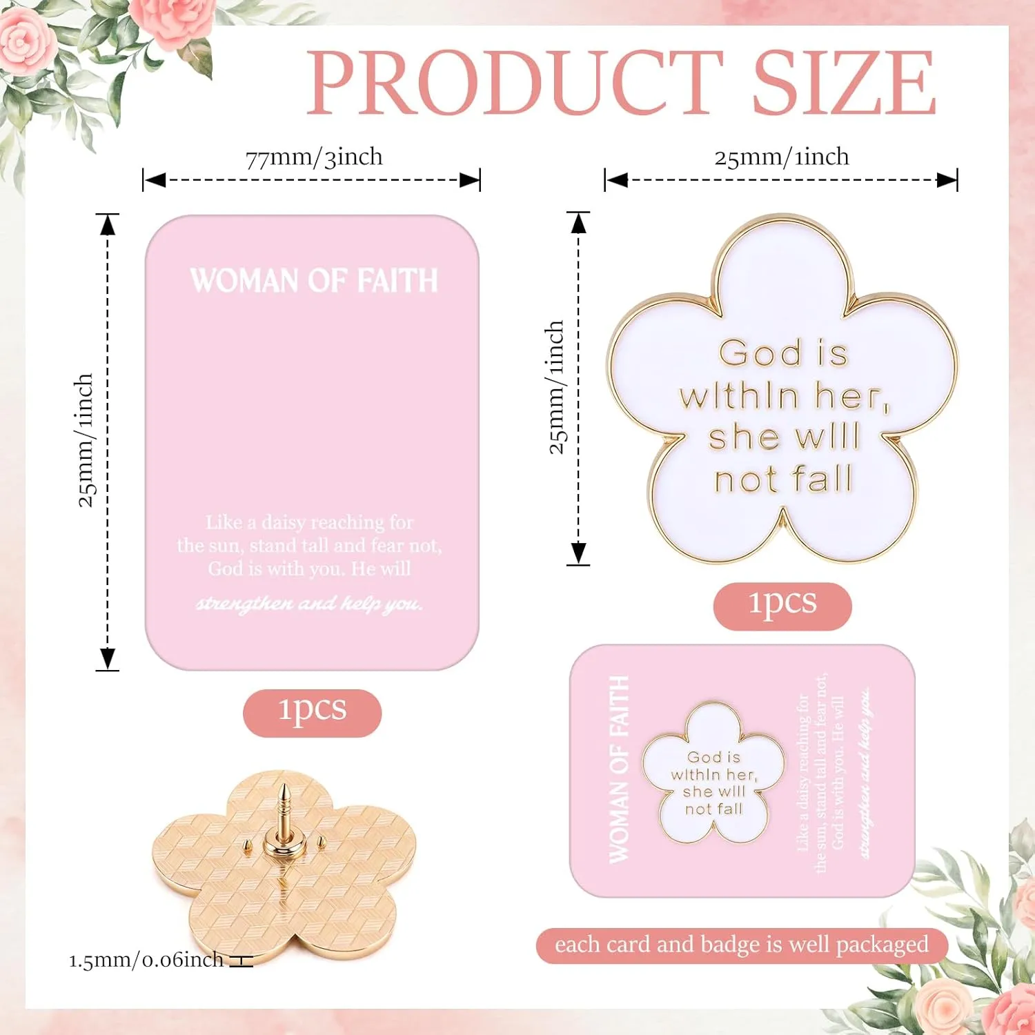 Quelay Woman of Faith Pin with Blessing Card Religious God Is Within Her She Will Not Fall Enamel Lapel Pins for Mother's Day Birthday Christian Church Inspiration Women History Month Gifts