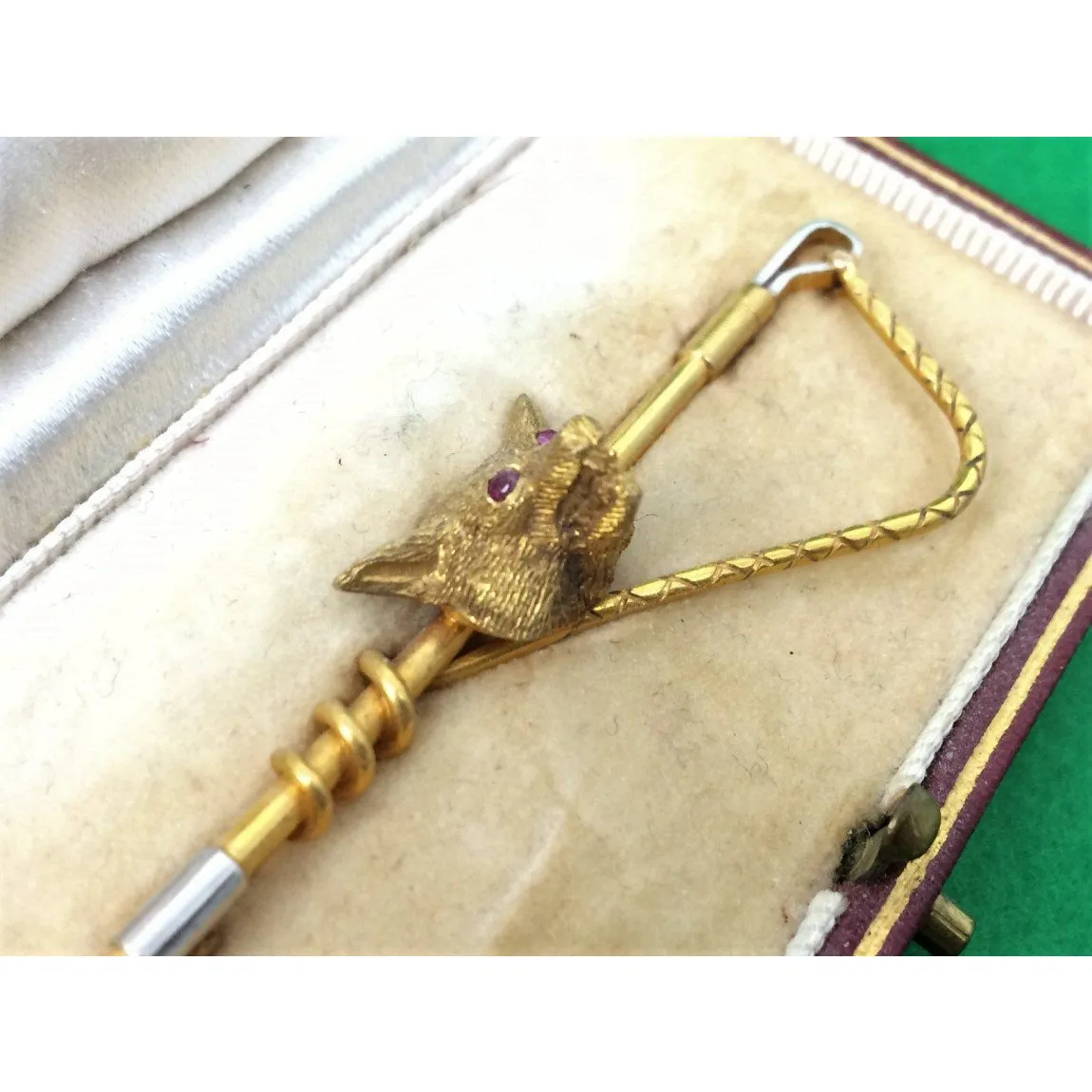 "Garrard & Co Ruby-Eyed Gold Fox-Mask & Riding Crop Brooch In Presentation Box"