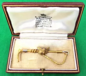 "Garrard & Co Ruby-Eyed Gold Fox-Mask & Riding Crop Brooch In Presentation Box"