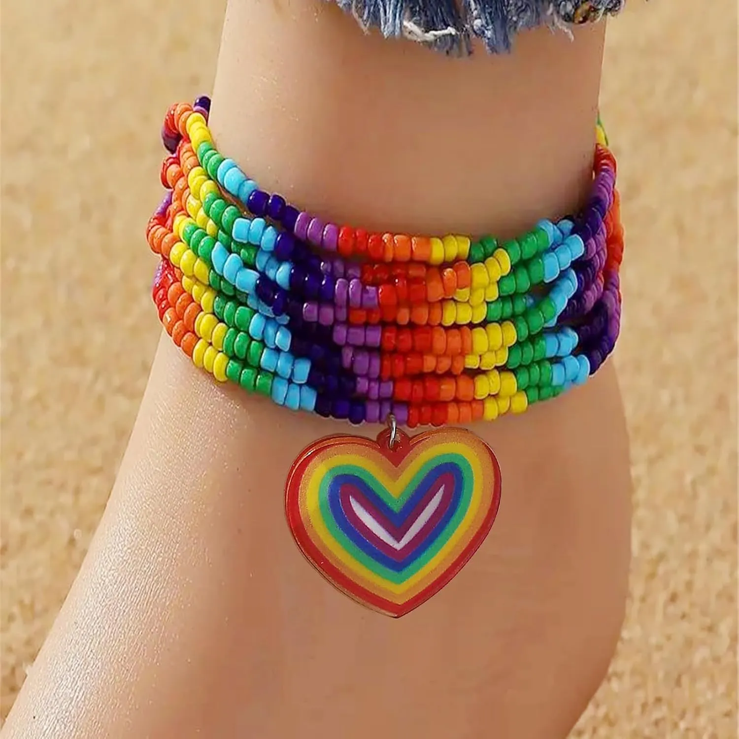 Rainbow Pride Bracelet LGBT Beaded Anklet Bracelets Multi-Layer Rice Beads Elastic String Bracelet for Gay & Lesbian Pride Month Friendship Accessories Boho Summer Beach Jewelry