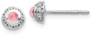 Real 14k White Gold Diamond and Cabachon Pink Tourmaline October Gemstone Studs Earrings 5mm