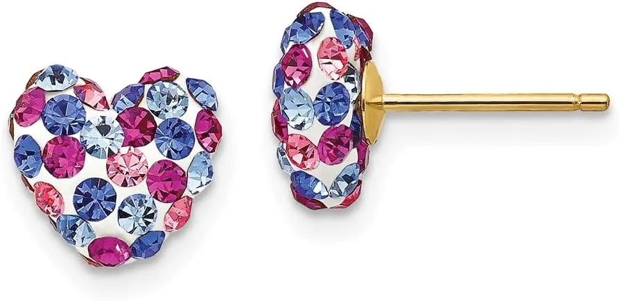 Real 14k Yellow Gold Blue Pink White Crystal 8mm Heart Post Studs Earrings 8mm