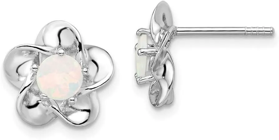 Real 925 Sterling Silver Flower Floral Created Opal Post Studs Earrings - 15mm x 9mm