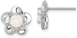 Real 925 Sterling Silver Flower Floral Created Opal Post Studs Earrings - 15mm x 9mm