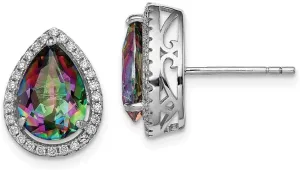 Real 925 Sterling Silver Mystic Topaz and CZ Cubic Zirconia Post Studs Earrings - 14mm x 11mm