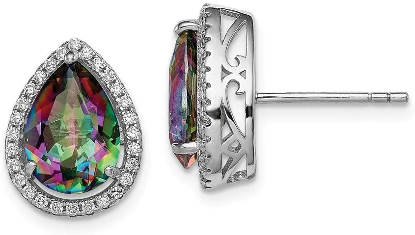 Real 925 Sterling Silver Mystic Topaz and CZ Cubic Zirconia Post Studs Earrings - 14mm x 11mm