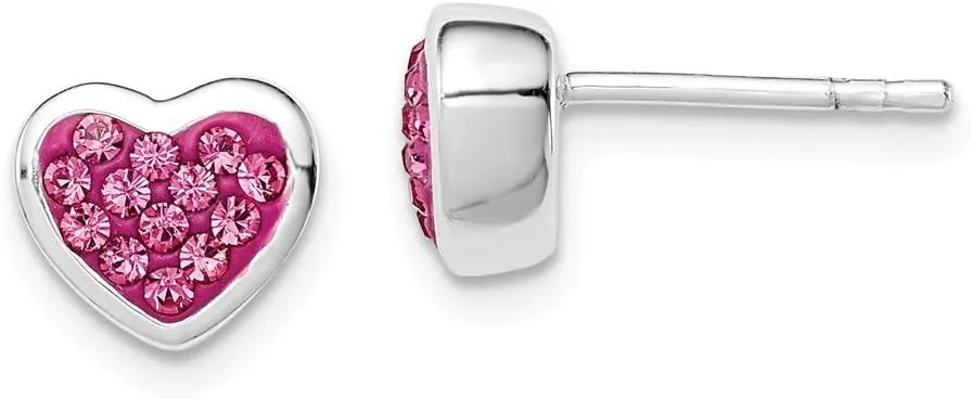 Real 925 Sterling Silver Pink CZ Cubic Zirconia Heart Post Studs Earrings 7mm