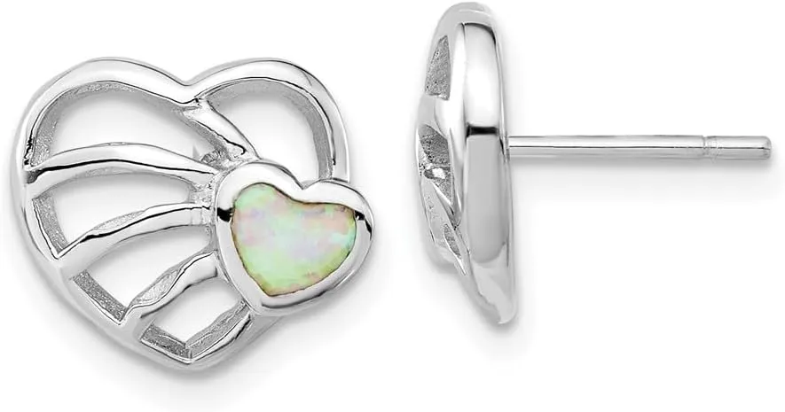 Real 925 Sterling Silver Synthetic Opal Heart Studs Post Earrings - 12mm x 14mm