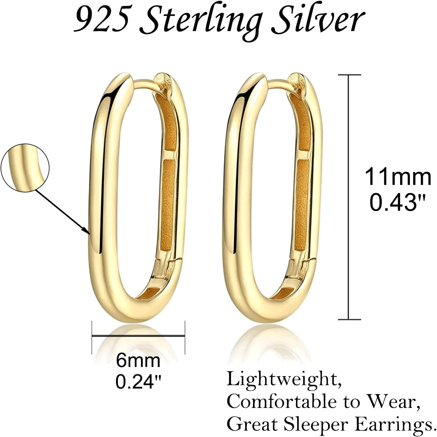 Rectangle Hoop Earrings 925 Sterling Silver Gold Plated Paperclip Huggie Hoops U Link Earrings for Women