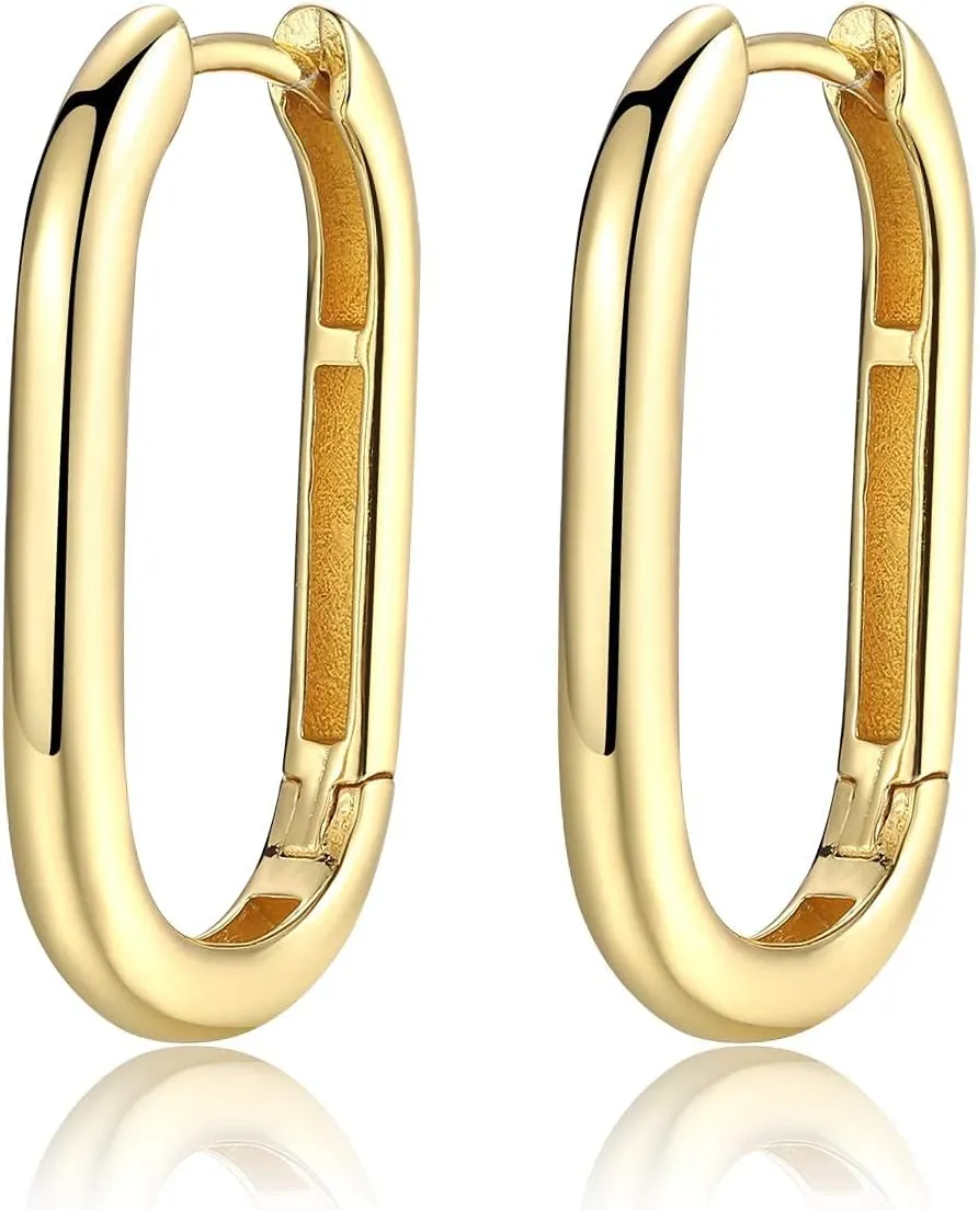 Rectangle Hoop Earrings 925 Sterling Silver Gold Plated Paperclip Huggie Hoops U Link Earrings for Women