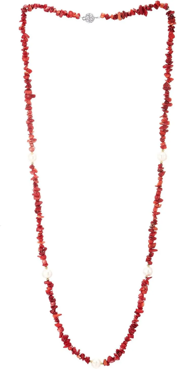 Red Coral and Pearl Beaded Necklace, Boho Gemstone Strand Statement Necklace Party Prom