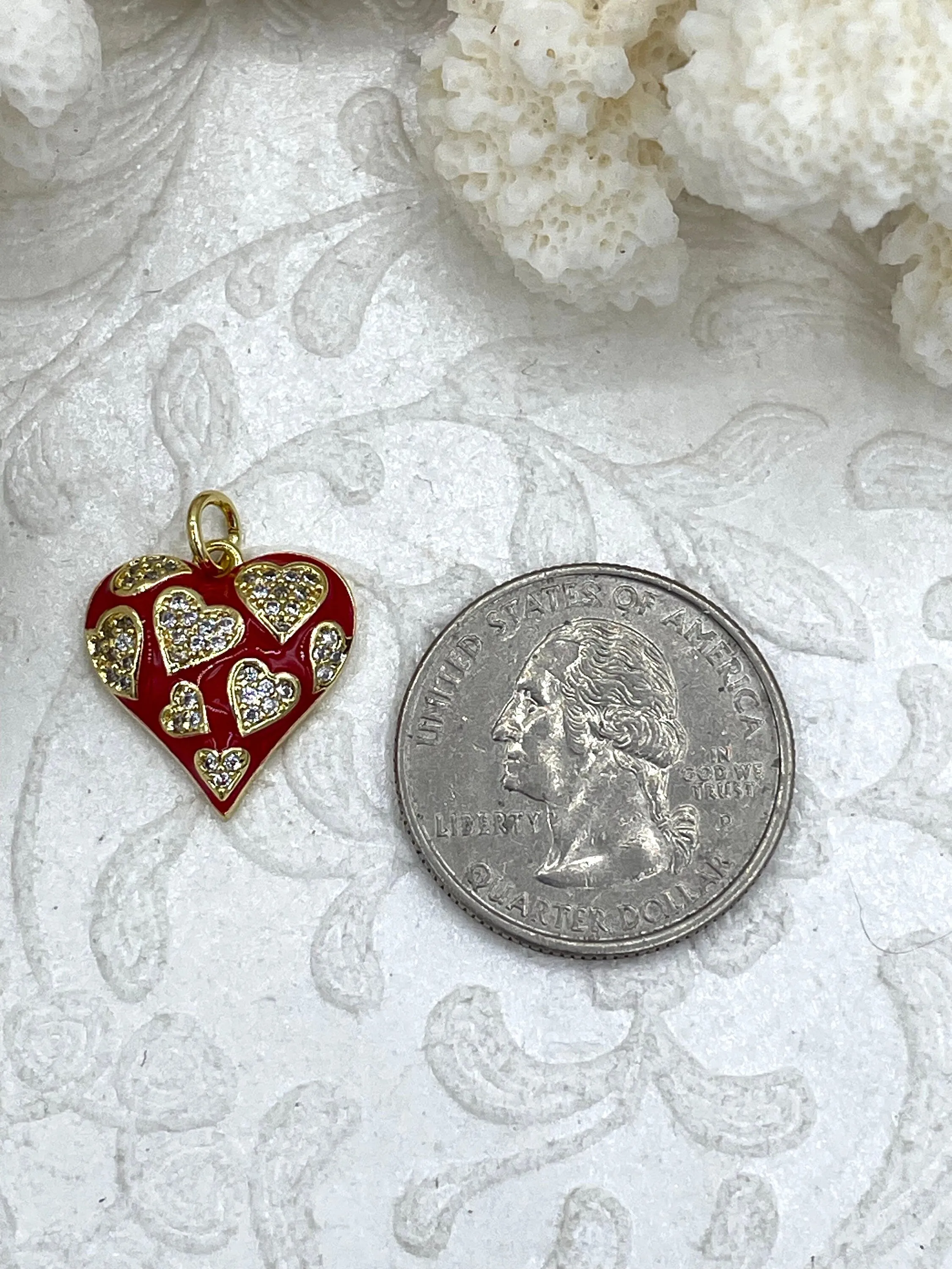 Red Enamel and Gold Heart Pendants with CZ, Gold Heart Charm, Red Enamel and Gold Plated Brass Pendants, Cubic Zirconia, Fast Ship.