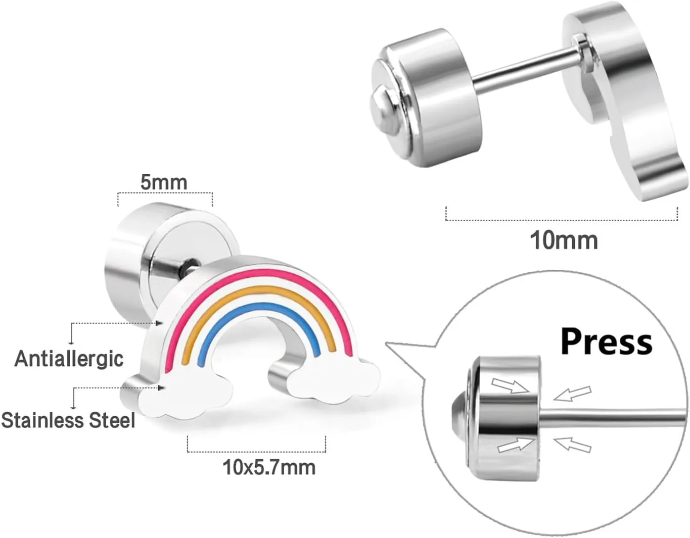 Red Strawberry Cloud Rainbow Stud Earrings for Women Stainless Steel Hypoallergenic Silver Plated Colorful Dainty Summer Fruit Small Piercing Earrings for Her Wife Mom Daughter Sister Friend Jewelry Gifts
