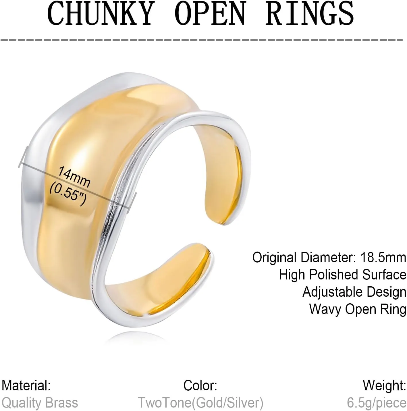 REELMAR Gold Adjustable Hammered Ring for Women 18K Gold Plated Chunky Textured Crossover Ring Vintage Open Wrap Around Ring Trendy Punk Statement Jewelry