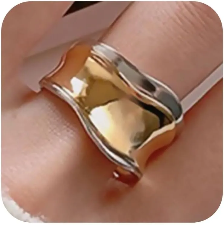 REELMAR Gold Adjustable Hammered Ring for Women 18K Gold Plated Chunky Textured Crossover Ring Vintage Open Wrap Around Ring Trendy Punk Statement Jewelry