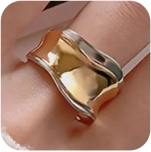 REELMAR Gold Adjustable Hammered Ring for Women 18K Gold Plated Chunky Textured Crossover Ring Vintage Open Wrap Around Ring Trendy Punk Statement Jewelry