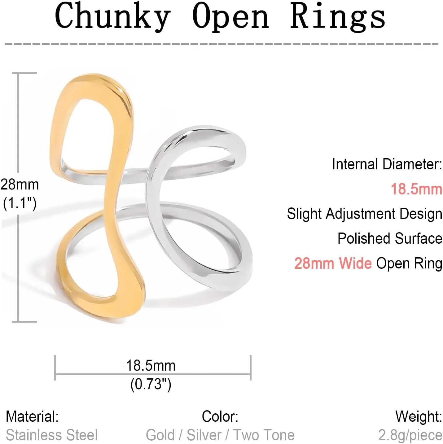 REELMAR Two Tone Chunky Adjustable Ring for Women Vintage Asymmetrical Wavy Wrap Around Open Ring Trendy Stainless Steel Statement Jewelry