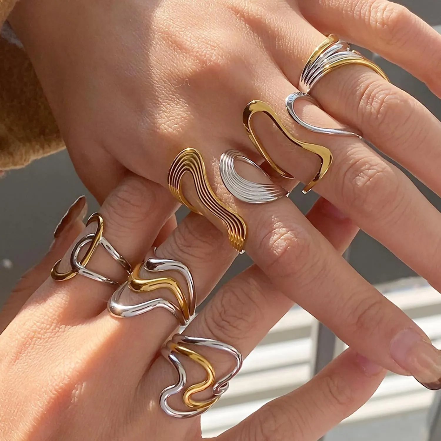 REELMAR Two Tone Chunky Adjustable Ring for Women Vintage Asymmetrical Wavy Wrap Around Open Ring Trendy Stainless Steel Statement Jewelry