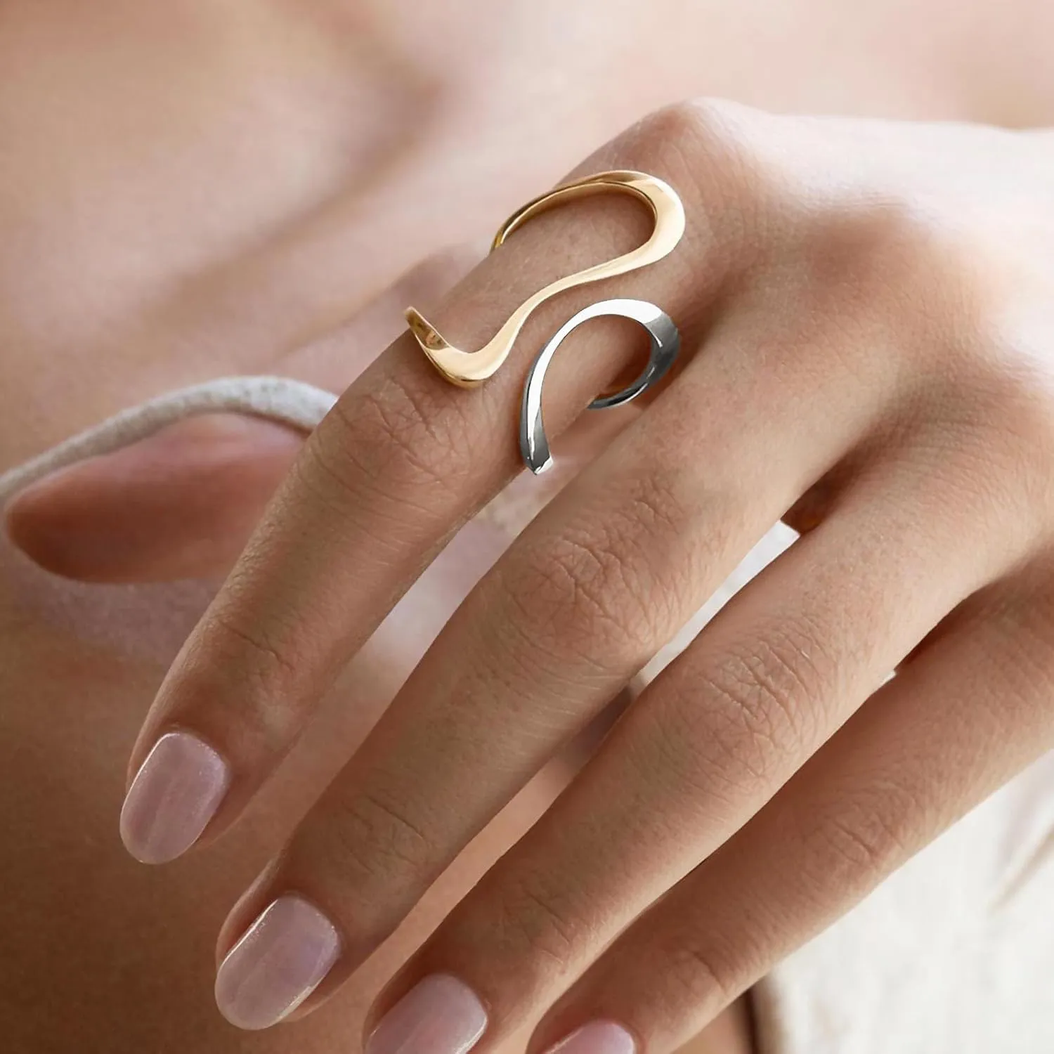 REELMAR Two Tone Chunky Adjustable Ring for Women Vintage Asymmetrical Wavy Wrap Around Open Ring Trendy Stainless Steel Statement Jewelry