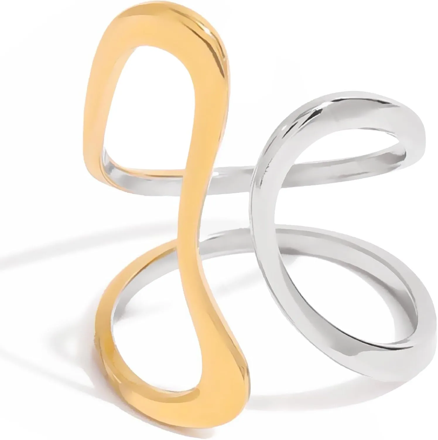 REELMAR Two Tone Chunky Adjustable Ring for Women Vintage Asymmetrical Wavy Wrap Around Open Ring Trendy Stainless Steel Statement Jewelry