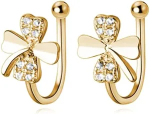 Reffeer Solid 925 Sterling Silver Cubic Zirconia Crystal Flower Clip On Earrings Ear Cuffs for Women Teens Flower Clover Clip On Earrings Non Piercing Wraps