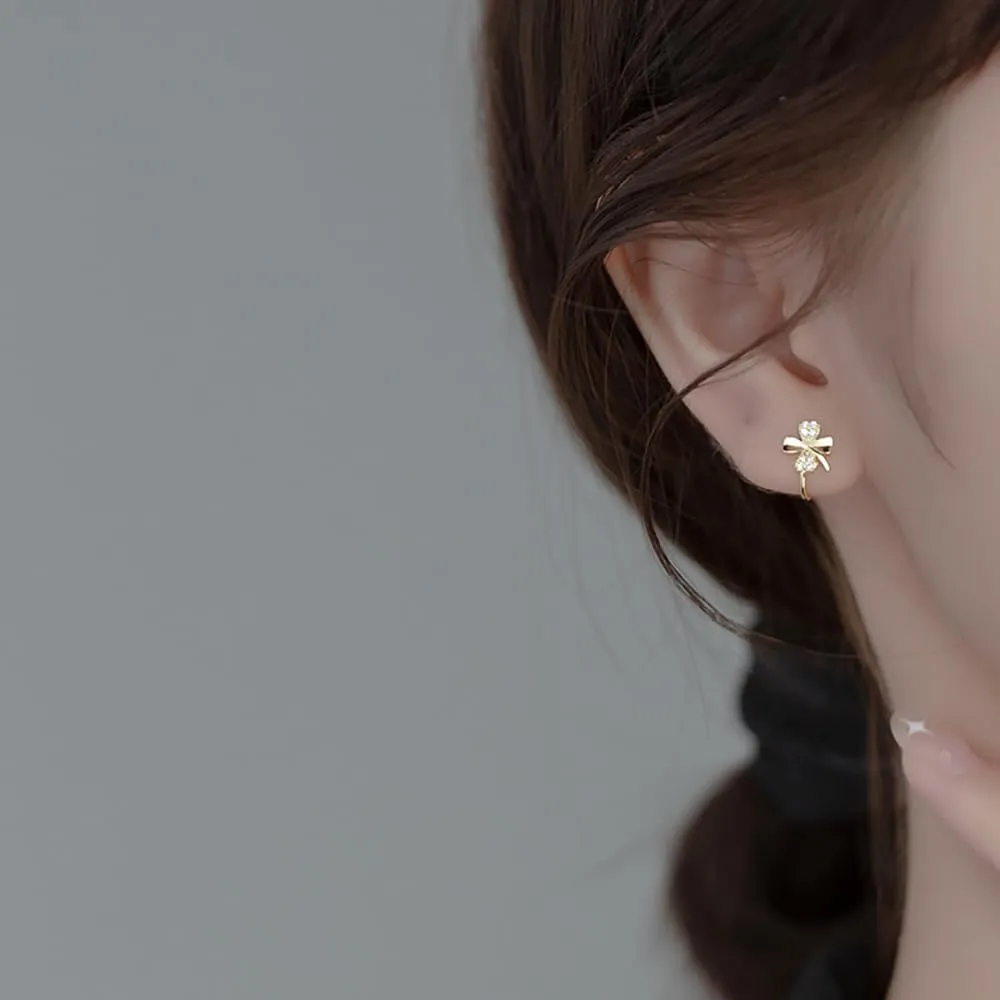 Reffeer Solid 925 Sterling Silver Cubic Zirconia Crystal Flower Clip On Earrings Ear Cuffs for Women Teens Flower Clover Clip On Earrings Non Piercing Wraps