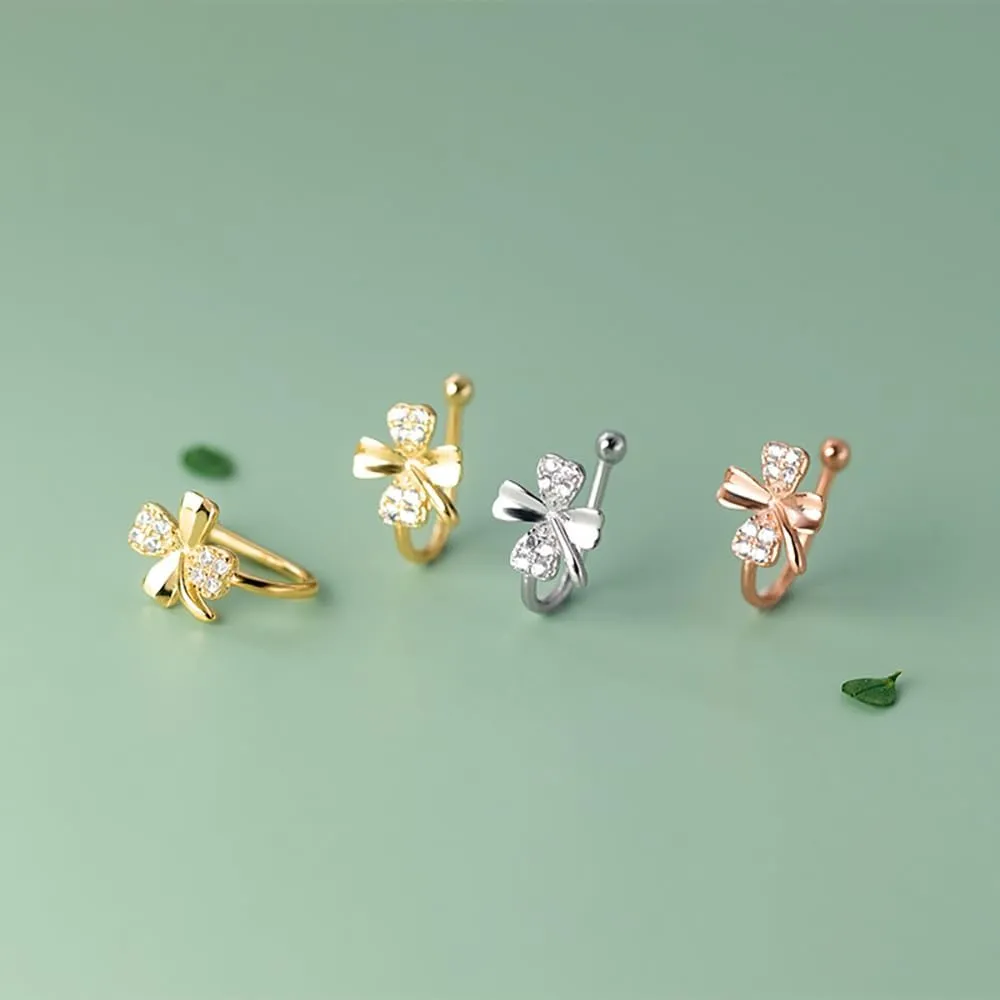 Reffeer Solid 925 Sterling Silver Cubic Zirconia Crystal Flower Clip On Earrings Ear Cuffs for Women Teens Flower Clover Clip On Earrings Non Piercing Wraps