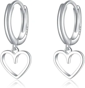 Reffeer Solid 925 Sterling Silver Heart Drop Earrings Hoop for Women Teens Heart Hoop Earrings Huggie Drop Earrings