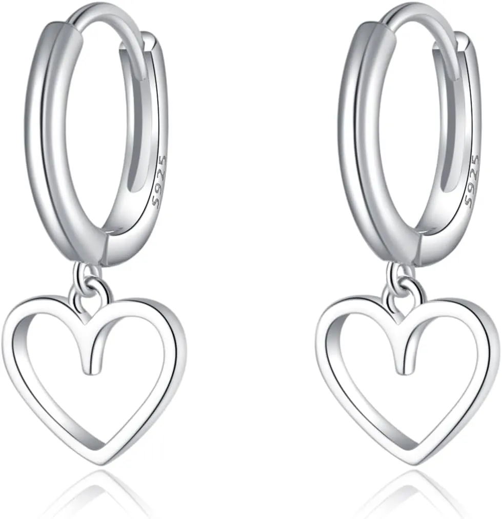 Reffeer Solid 925 Sterling Silver Heart Drop Earrings Hoop for Women Teens Heart Hoop Earrings Huggie Drop Earrings