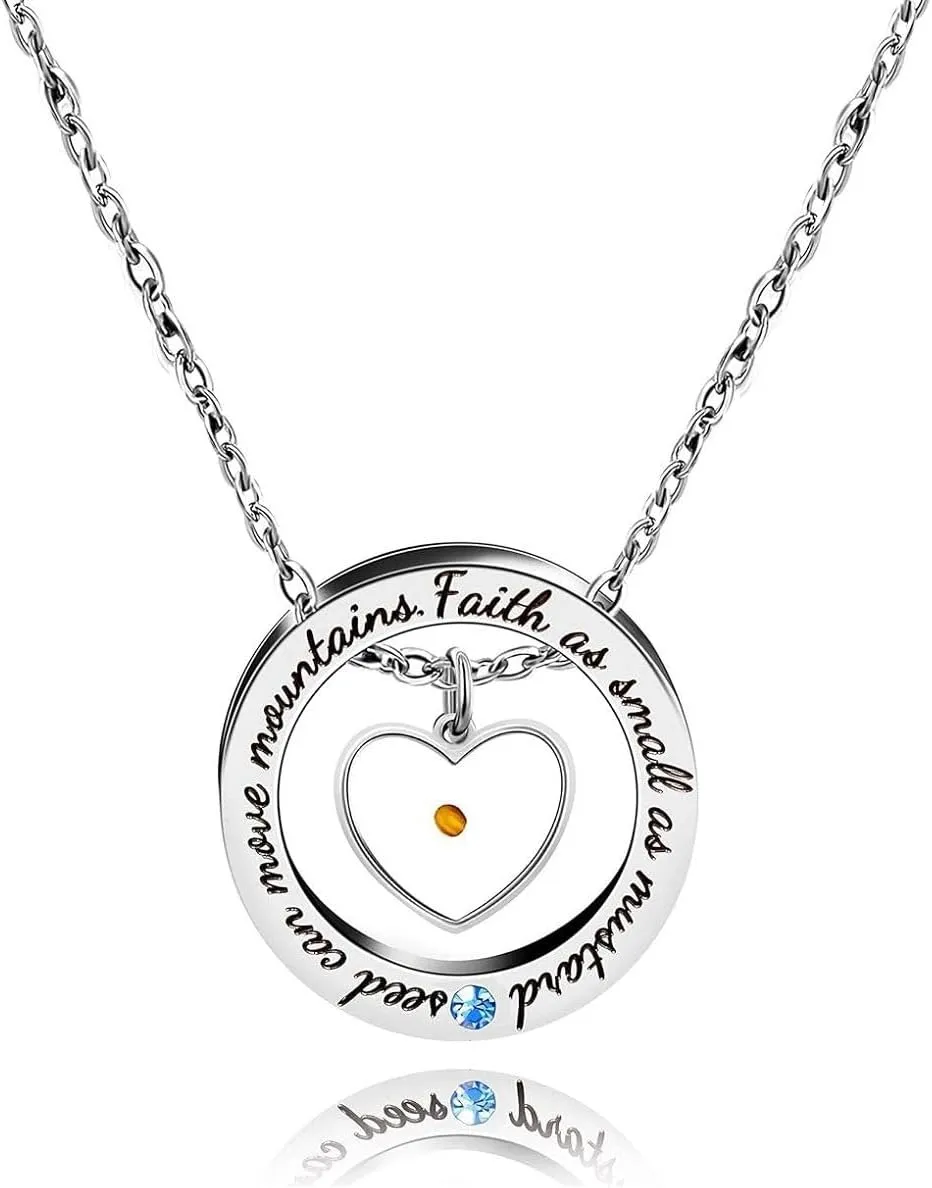 Religious Round Ring Necklace Engraved Faith As Small As A Mustard Seed Can Move Mountains