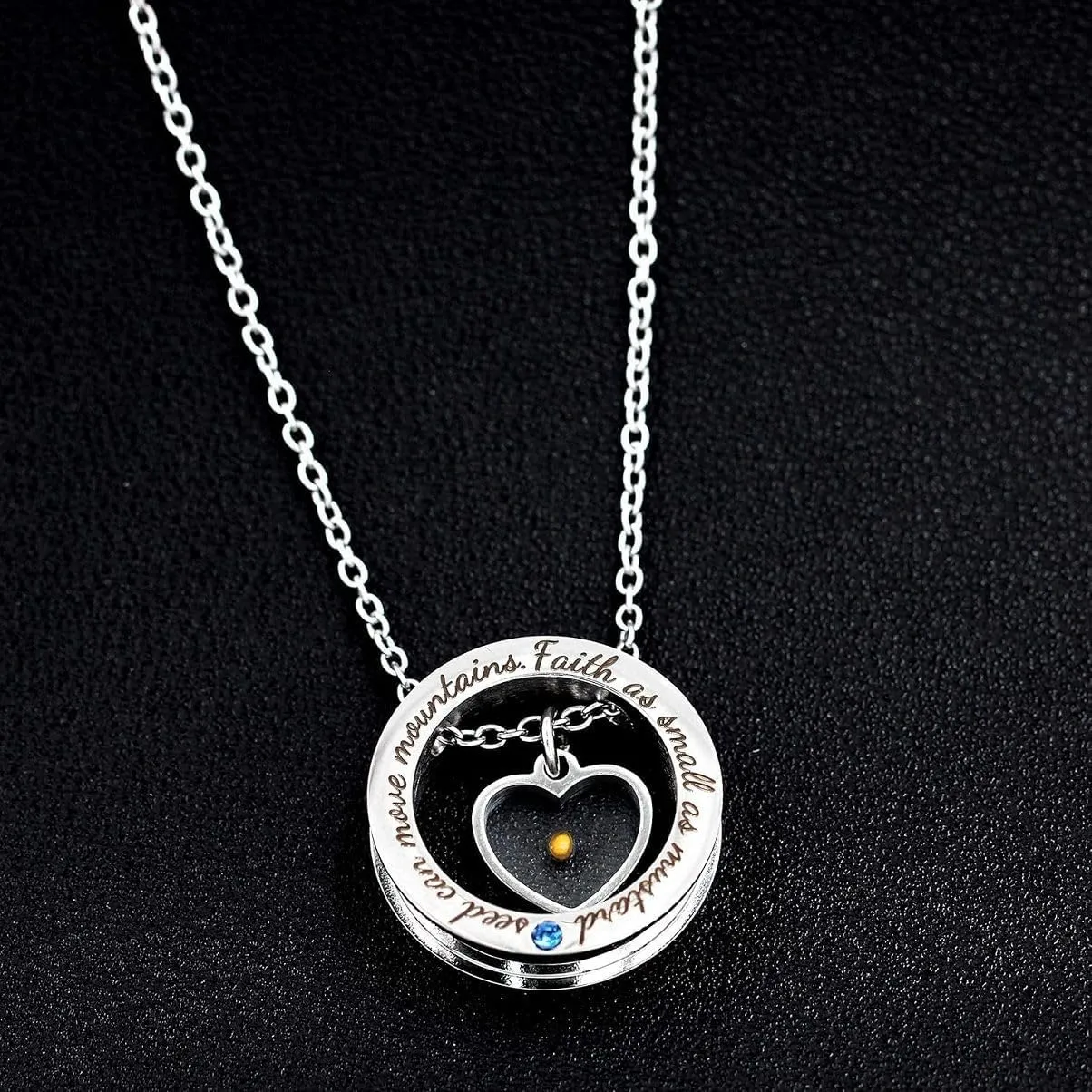 Religious Round Ring Necklace Engraved Faith As Small As A Mustard Seed Can Move Mountains