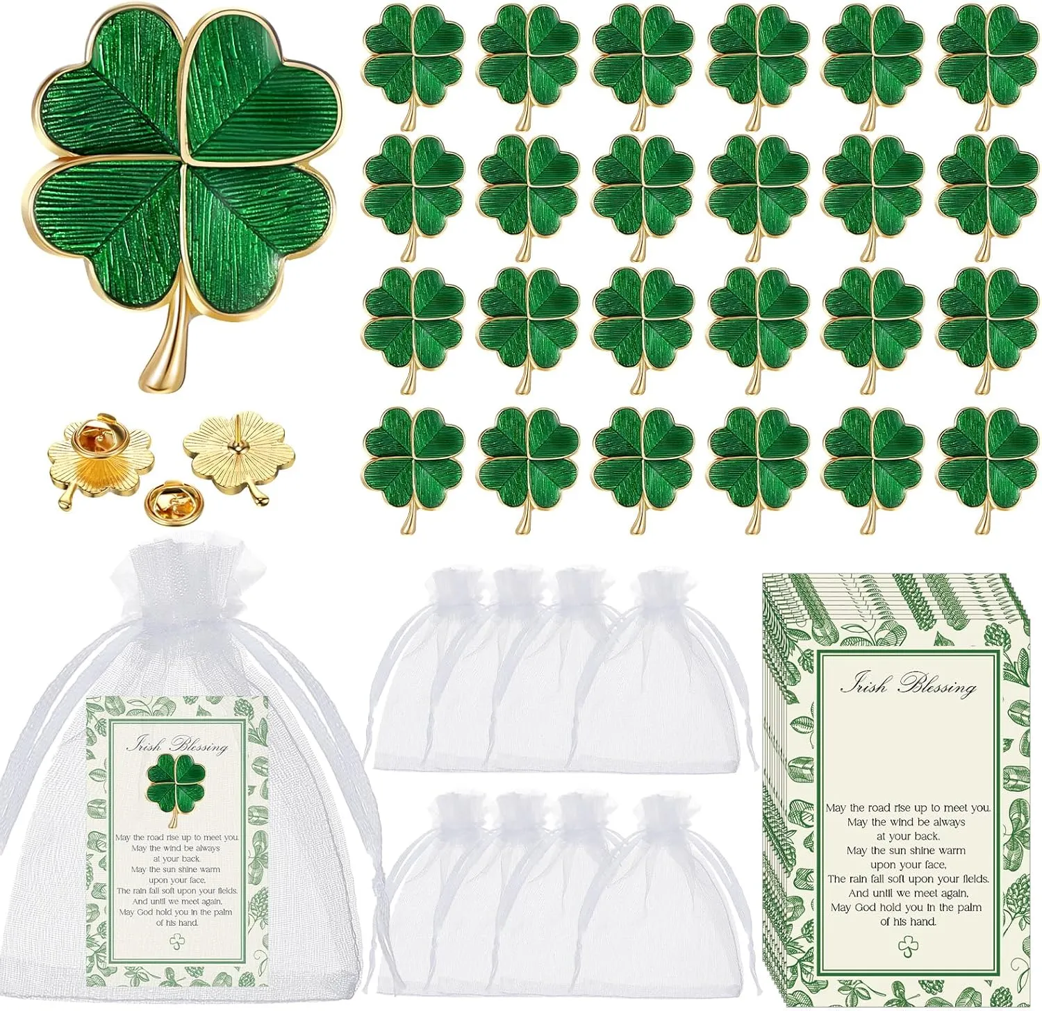 Remuuly St. Patrick's Day Clover Lapel Pins Include Four Leaf Clover Lapel Pin Brooches with Blessing Cards and Organza Gift Bags Irish Jewelry with Locking Back for Women