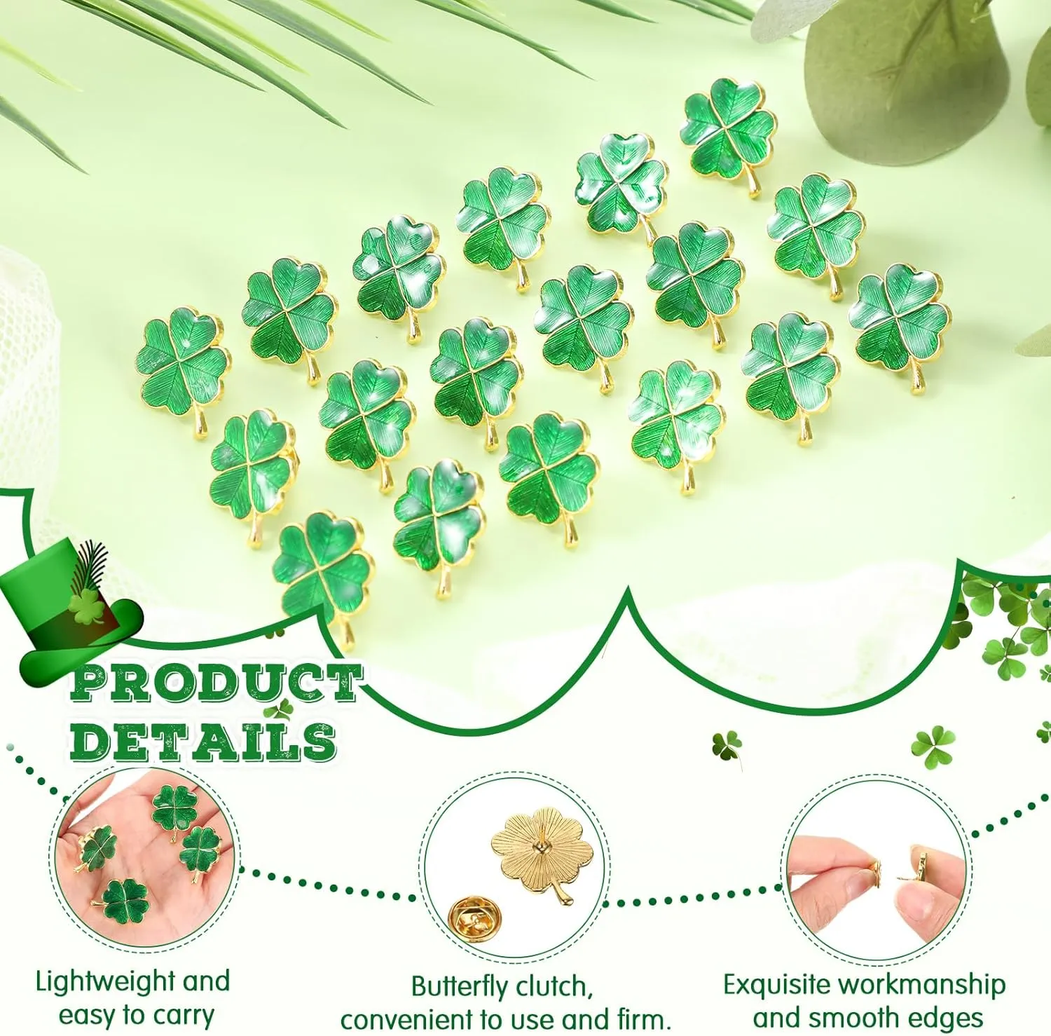 Remuuly St. Patrick's Day Clover Lapel Pins Include Four Leaf Clover Lapel Pin Brooches with Blessing Cards and Organza Gift Bags Irish Jewelry with Locking Back for Women