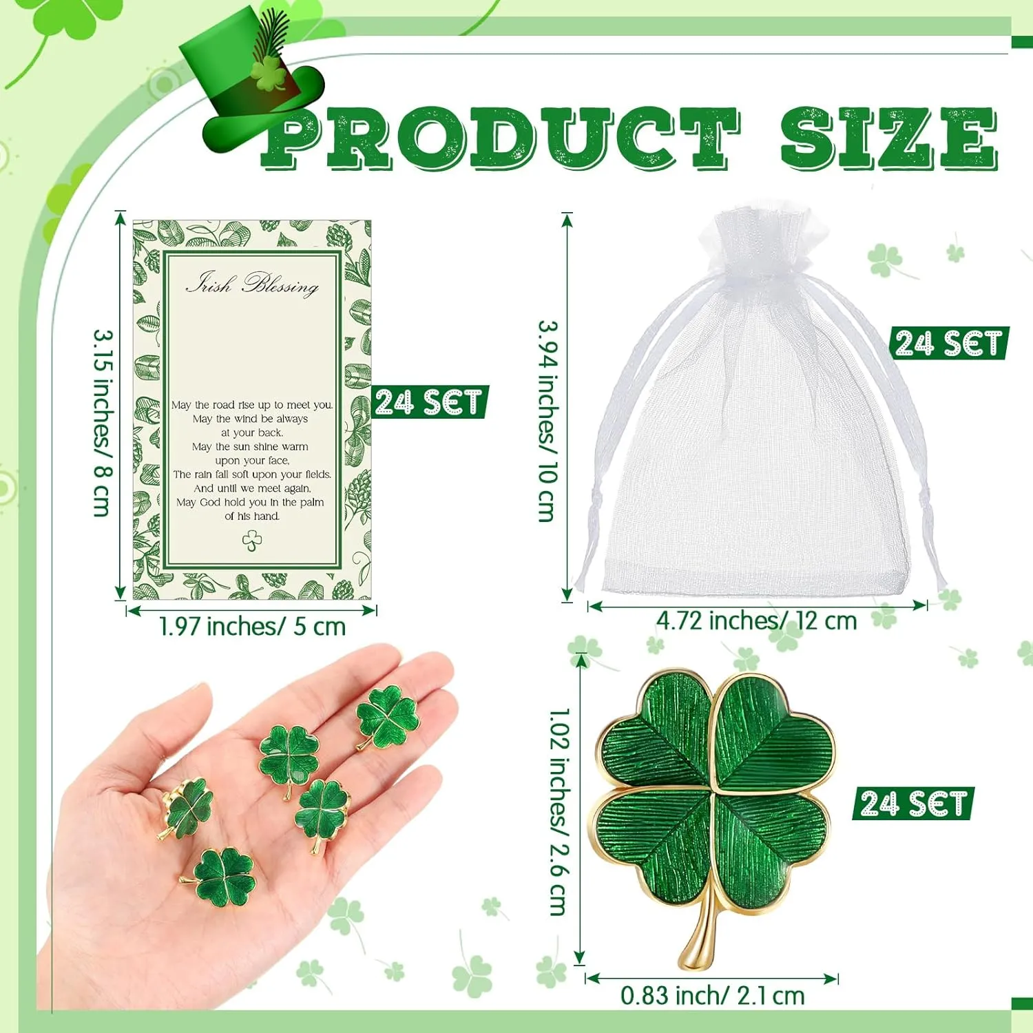 Remuuly St. Patrick's Day Clover Lapel Pins Include Four Leaf Clover Lapel Pin Brooches with Blessing Cards and Organza Gift Bags Irish Jewelry with Locking Back for Women