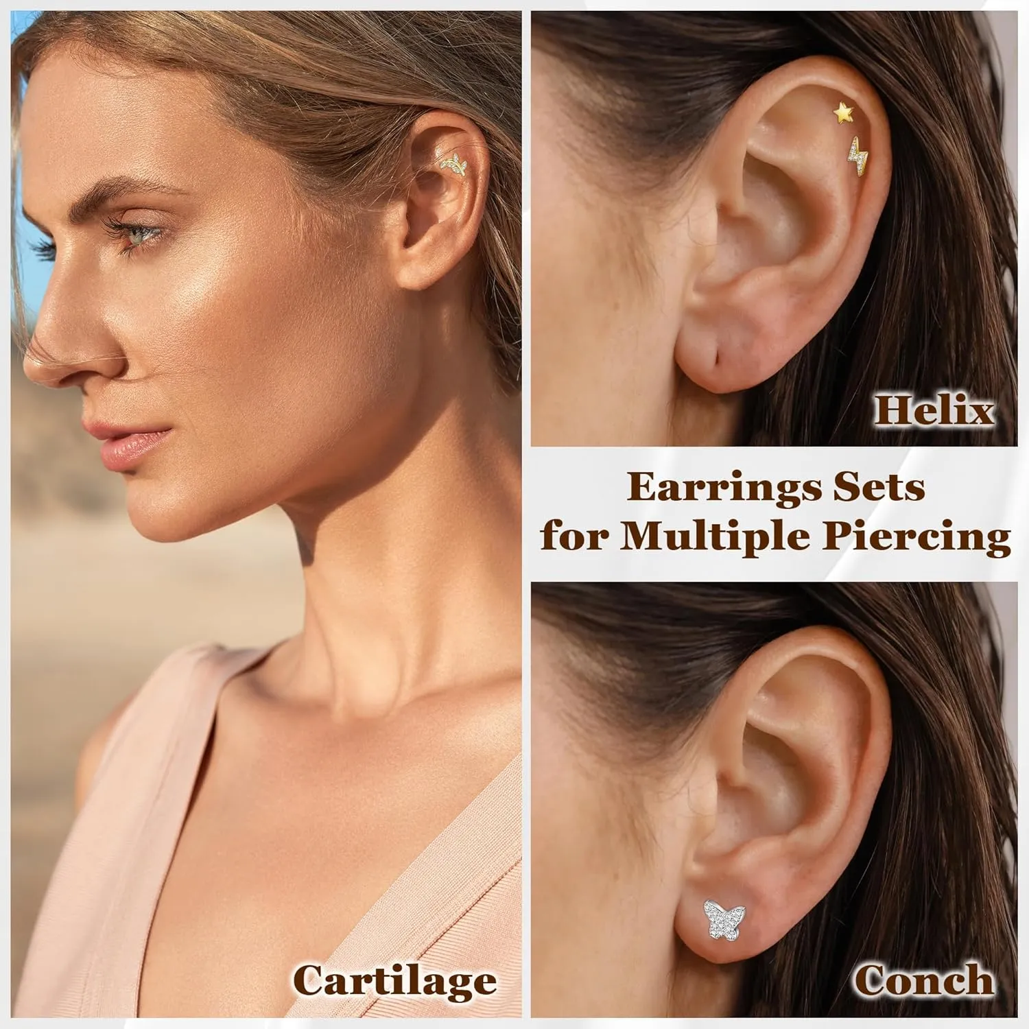 REVOLIA 12Pcs 16G Threadless Cartilage Earrings Stud 14K Gold Plated Tragus Earrings for Women 316L Stainless Steel Flat Back Earrings Stud Helix Conch Cartilage Piercing Jewelry Set 6/8mm