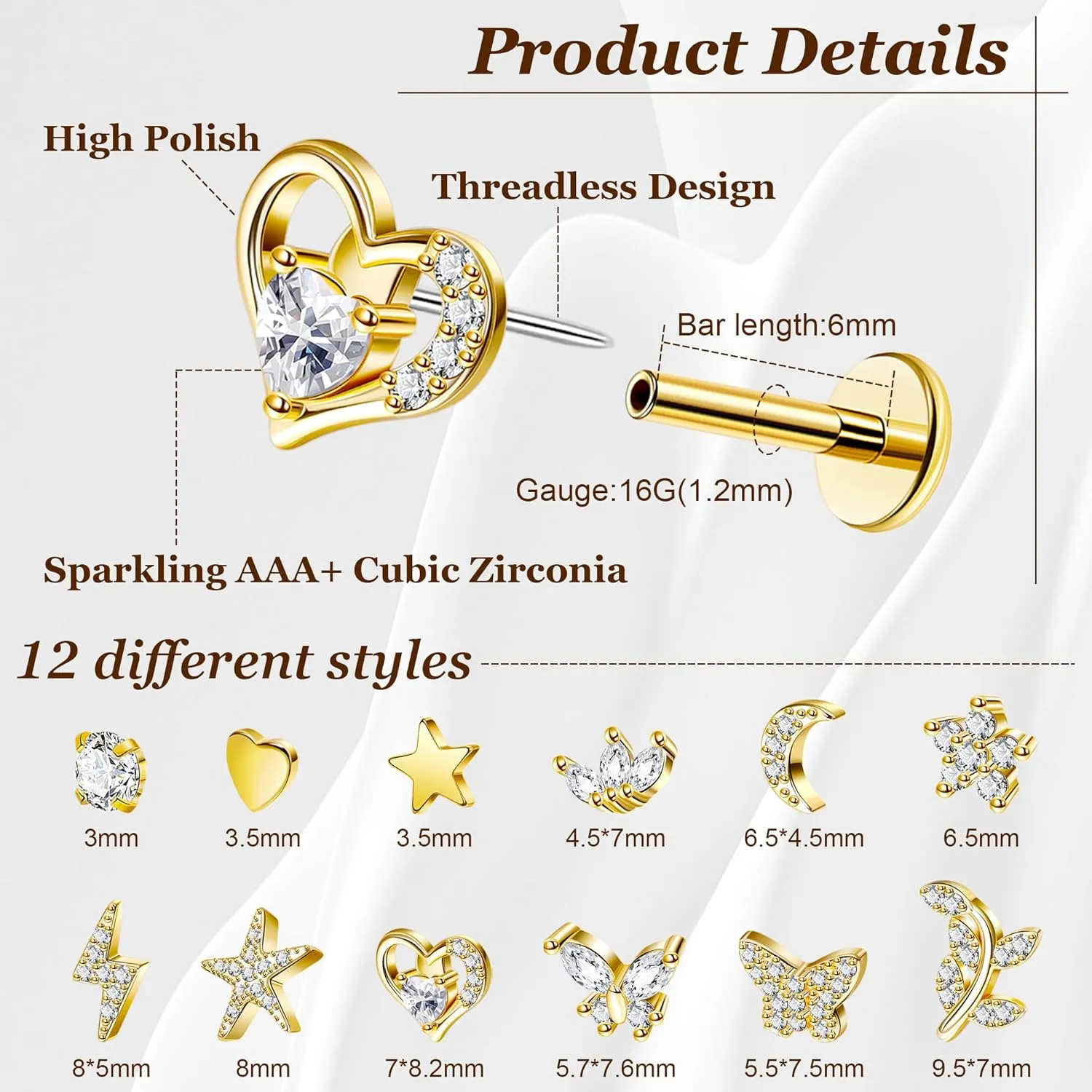REVOLIA 12Pcs 16G Threadless Cartilage Earrings Stud 14K Gold Plated Tragus Earrings for Women 316L Stainless Steel Flat Back Earrings Stud Helix Conch Cartilage Piercing Jewelry Set 6/8mm