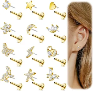 REVOLIA 12Pcs 16G Threadless Cartilage Earrings Stud 14K Gold Plated Tragus Earrings for Women 316L Stainless Steel Flat Back Earrings Stud Helix Conch Cartilage Piercing Jewelry Set 6/8mm