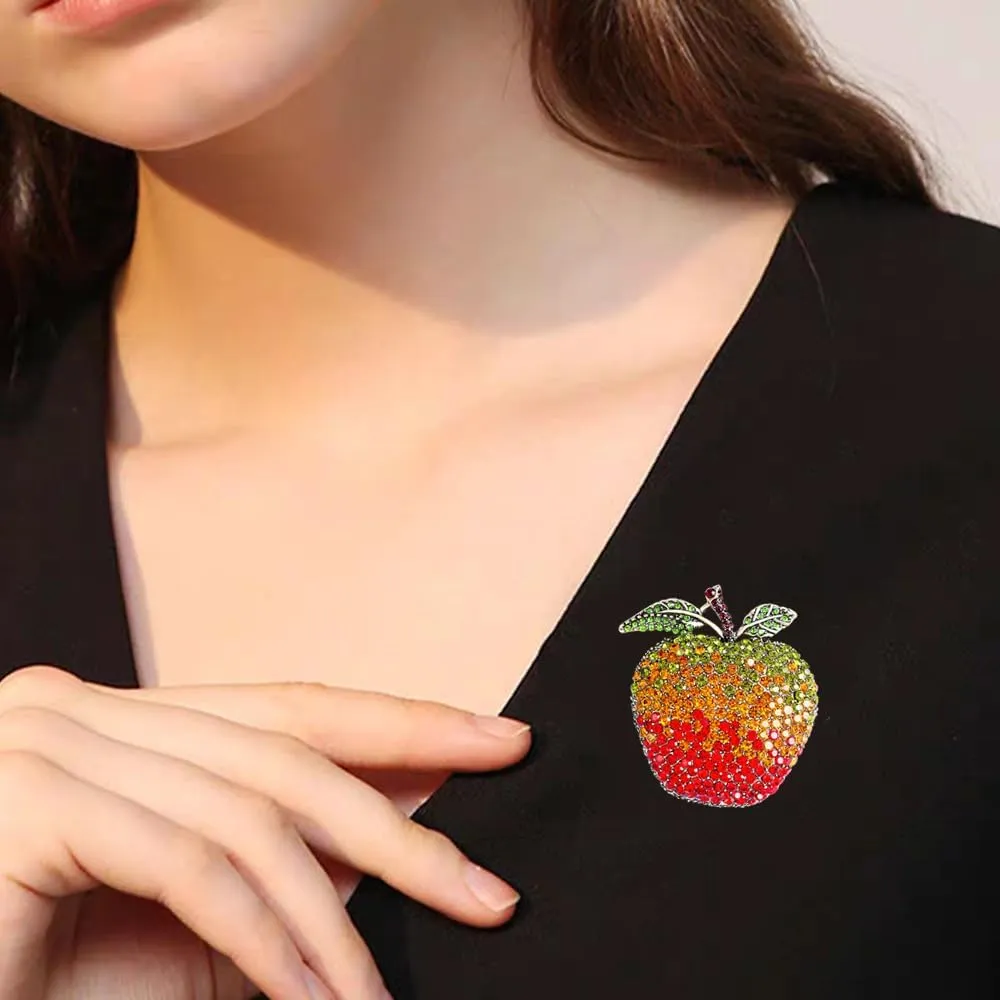 Rhinestone Apple Brooch Pin for Women Girls Fashion Large Crystal Fruit Christmas Eve School Graduation Statement Brooches Lapel Pins Cute Dress Accessories Xmas Festival Ornament Jewelry Gift Daughter Teacher Student