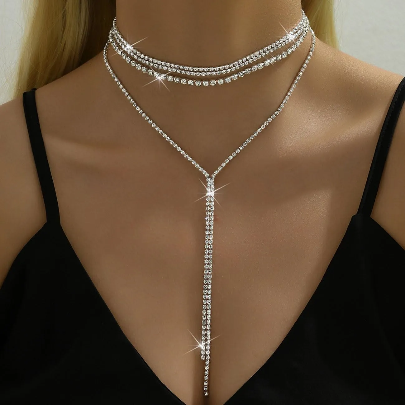 Rhinestone Choker Necklace for Women Silver Black Rhinestone Layered Y Neckalces Layered Choker Neckalces Dainty Fashion Long Tassel Neckalce for Women