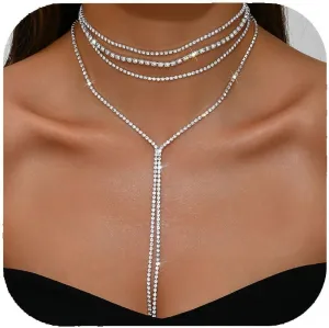 Rhinestone Choker Necklace for Women Silver Black Rhinestone Layered Y Neckalces Layered Choker Neckalces Dainty Fashion Long Tassel Neckalce for Women