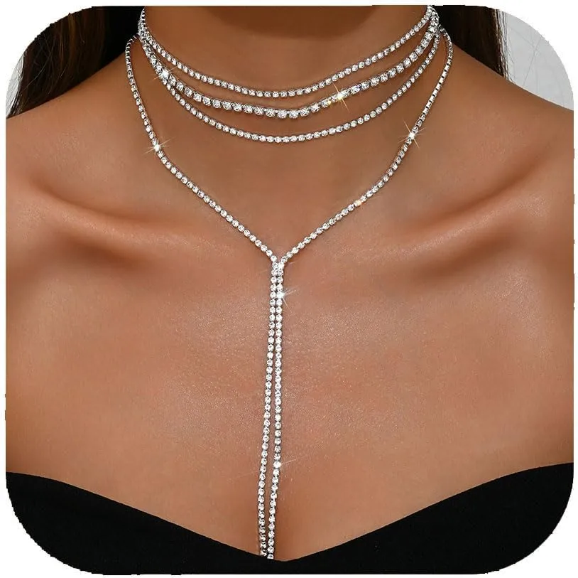 Rhinestone Choker Necklace for Women Silver Black Rhinestone Layered Y Neckalces Layered Choker Neckalces Dainty Fashion Long Tassel Neckalce for Women