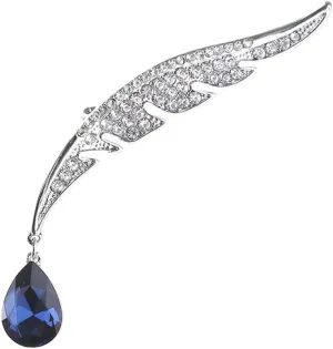 Rhinestone Feather Teardrop Brooch Pin for Women Girls Silver Plated Fashion Blue Teardrop Crystal Leaf Brooches Dainty Hat Bag Suit Dress Accessories Birthday Anniversary Jewelry Gift Souvenir
