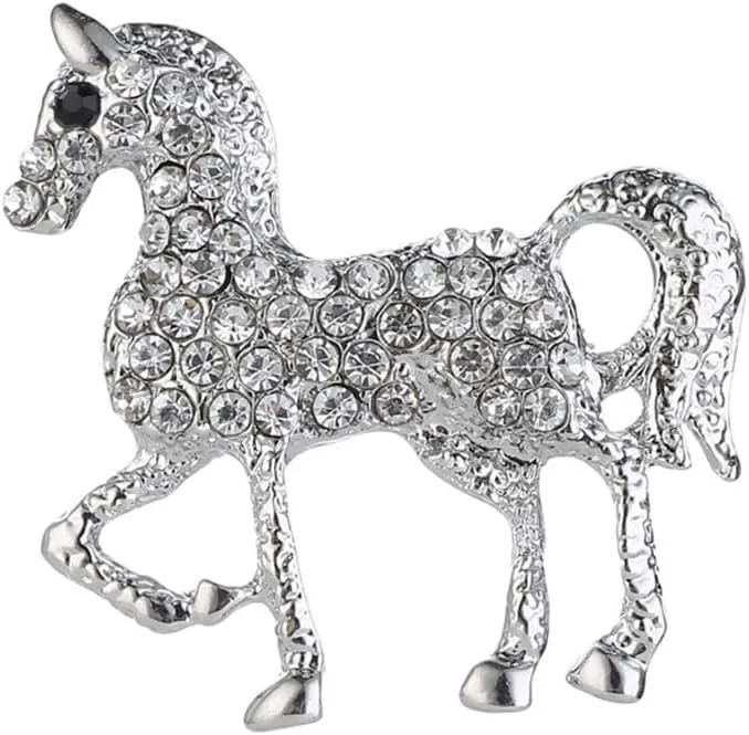 Rhinestone Horse Animal Brooch Pin for Women Girls Men Silver Plated Fashion Crystal Pony Brooches Lapel Pins Cute Dress Accessories Holiday Party Race Jewelry Unisex Gift